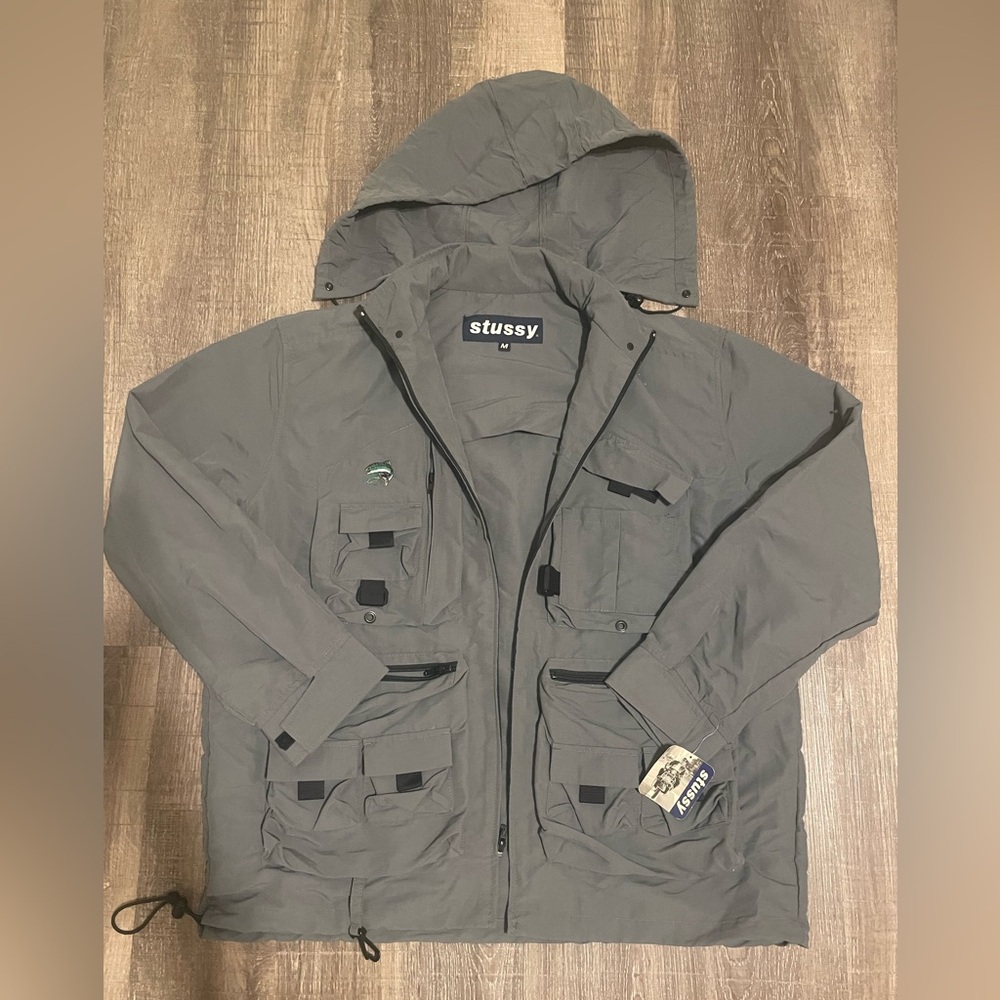 Vtg 90s Stussy Outer Gear Hooded Fishing Jacket. 18 East Banks. Sz Medium. NWT